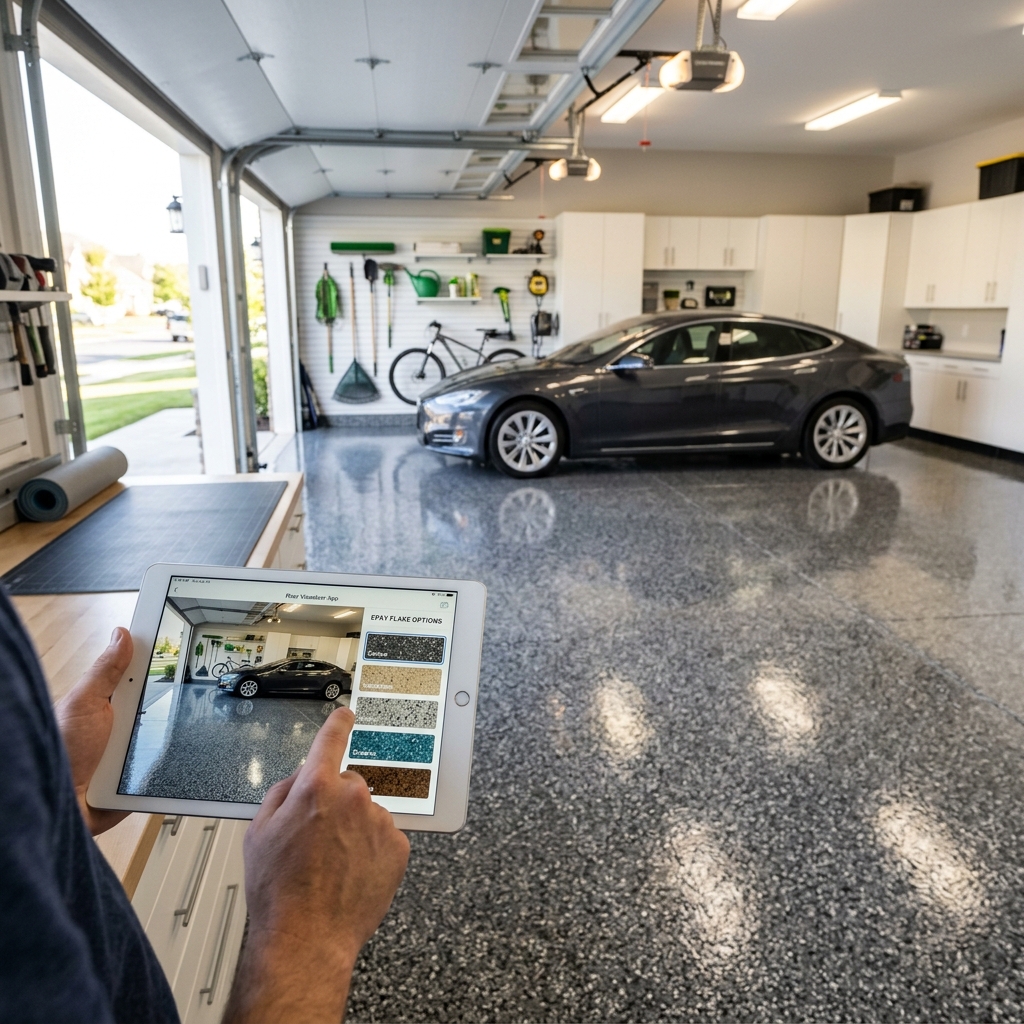 Use CurbClose to render custom flake blends on the garage floor.